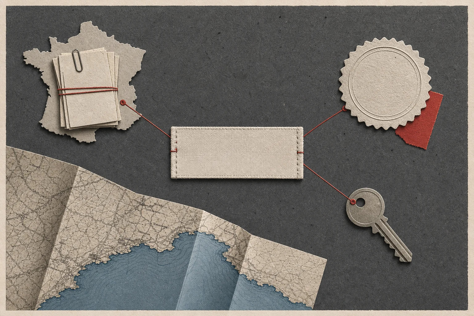 Conceptual paper collage connecting a blank garment label to a company file, seal shape, storefront key and Riviera map fragment