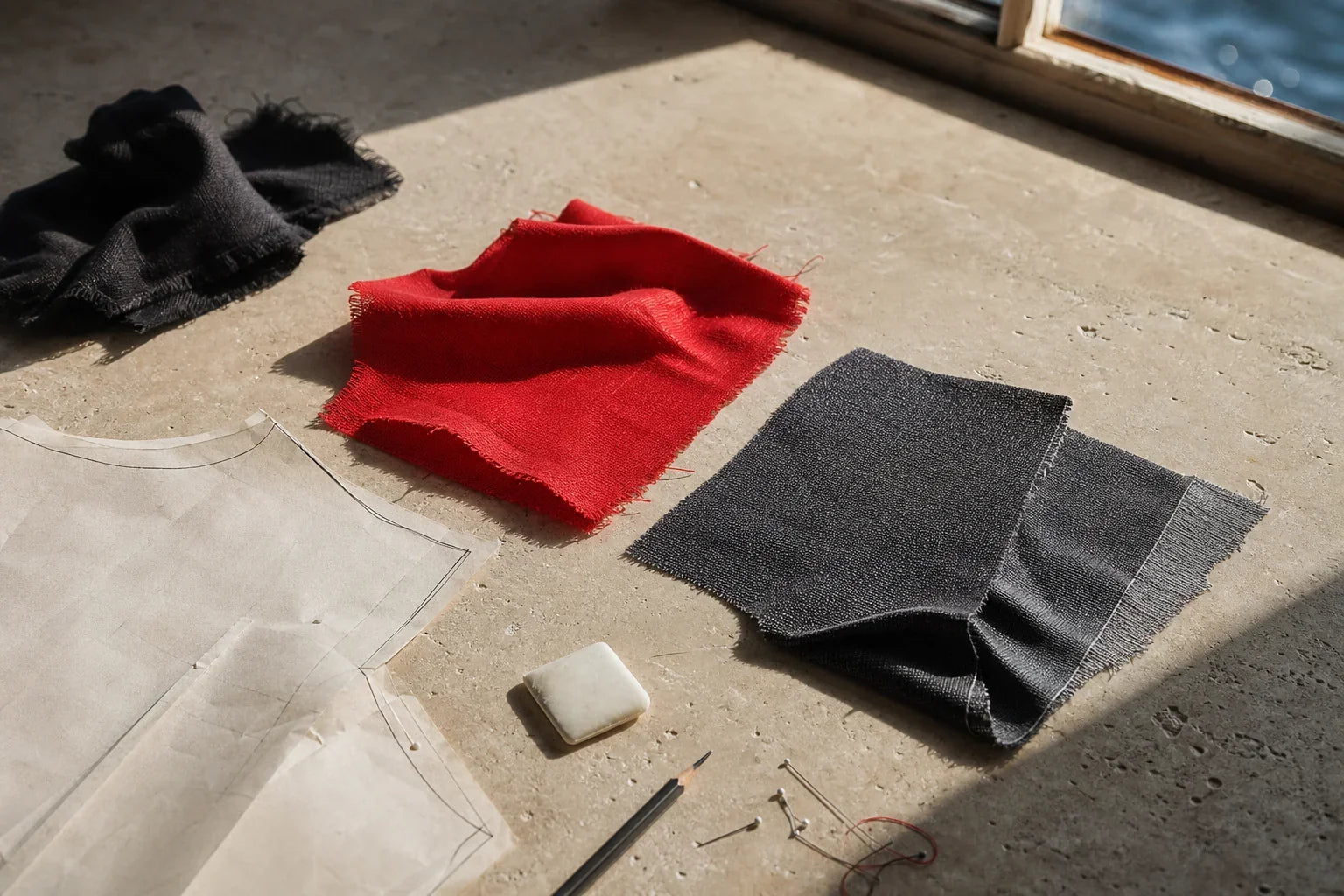 Conceptual studio still life of strawberry-red and graphite swatches, a paper pattern, chalk and pins in hard coastal light