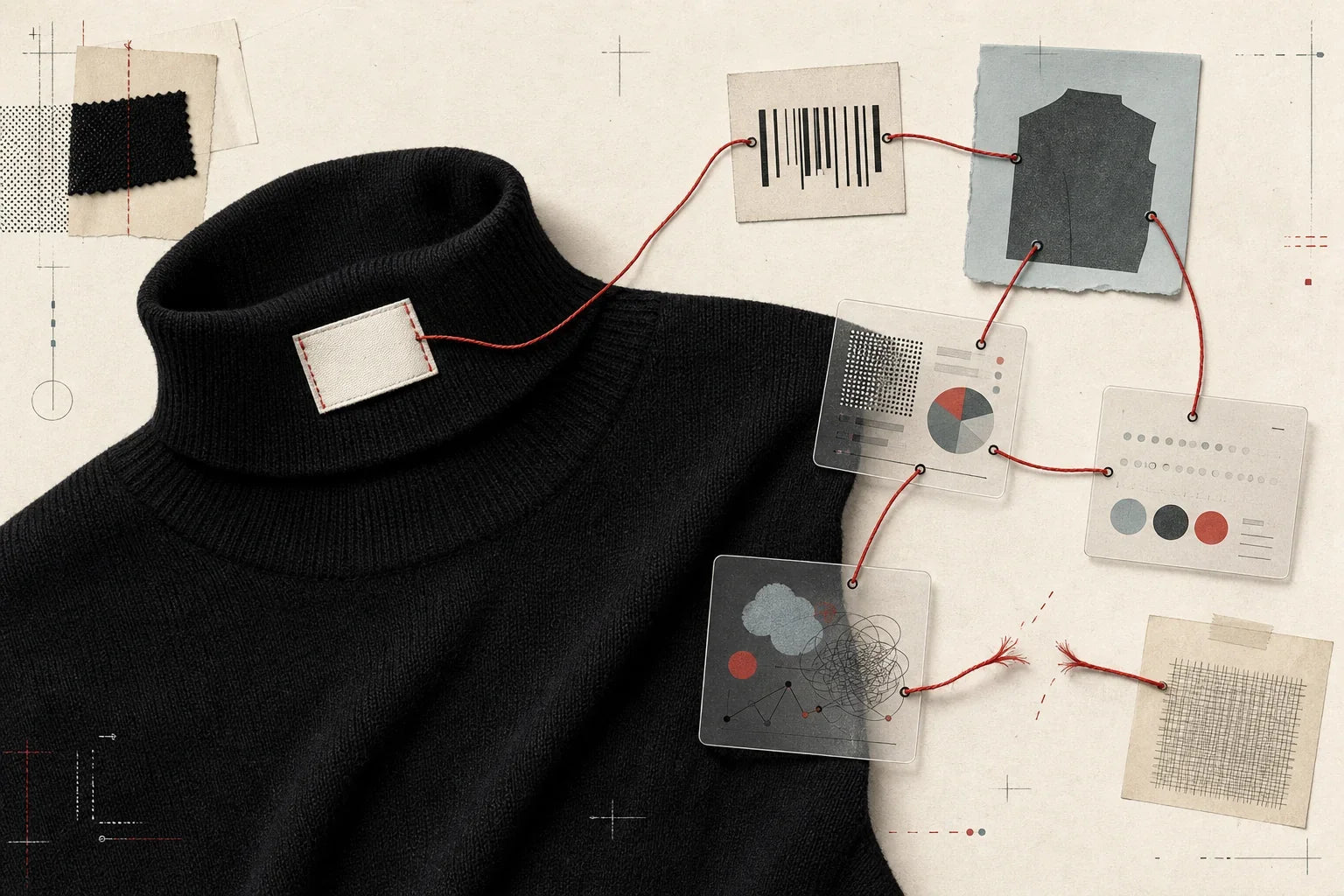 Conceptual collage of a black knit garment connected to fragmented product-data cards by a broken red thread