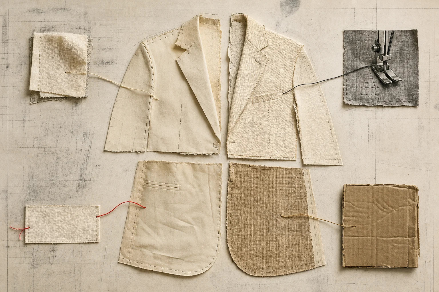 Conceptual collage of an unfinished cream jacket pattern divided among fabric, sewing, label and packaging records
