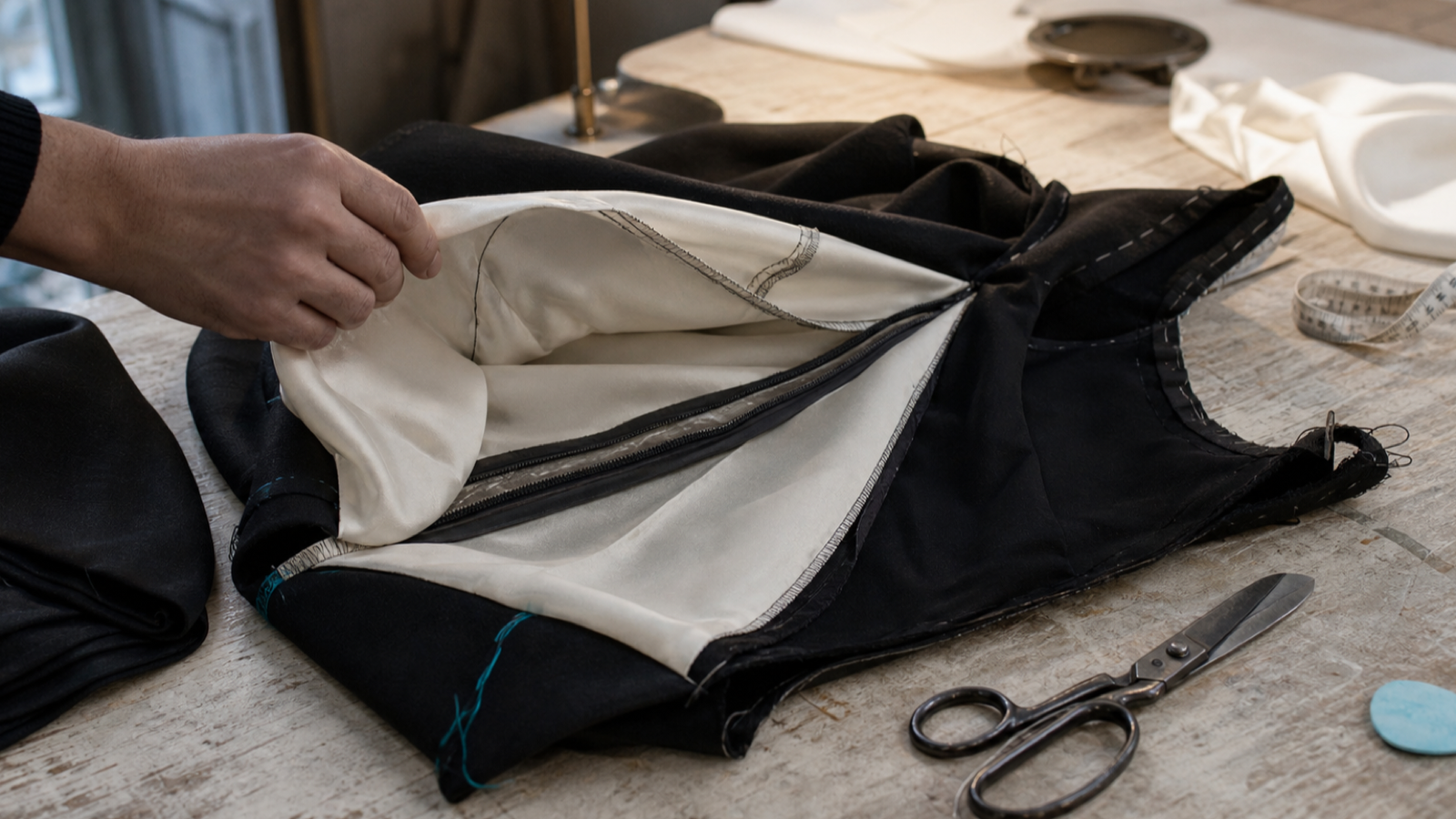 Synthetic editorial scene of a hand lifting an ivory lining from a black garment on a tailor’s table beside shears and chalk