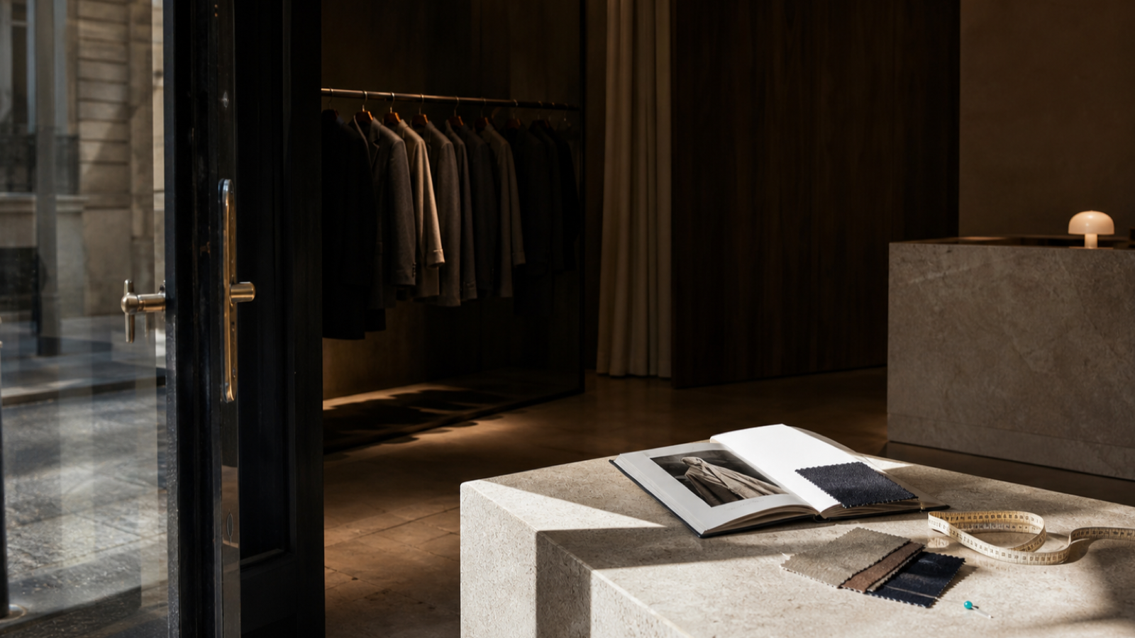 Synthetic editorial scene of an anonymous luxury boutique seen through an open door, with a product dossier and fabric swatches in morning light