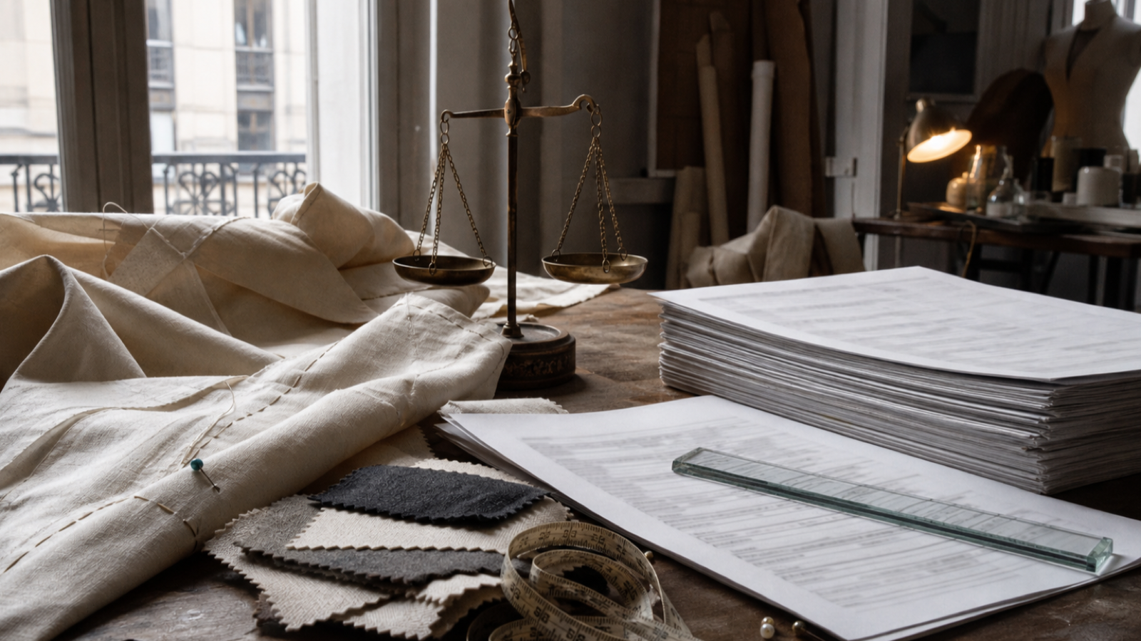 Synthetic editorial still life of muslin, fabric swatches, balance scales and blurred filing pages on a design-studio table
