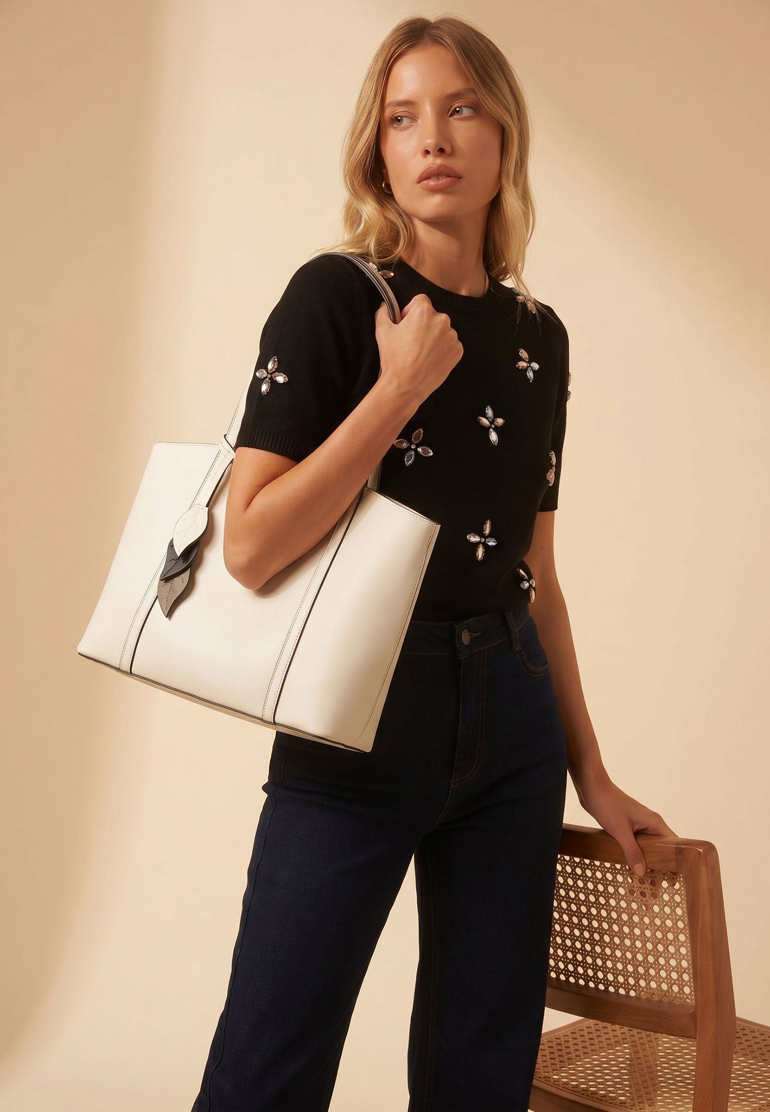Gray Leather Tote with Leaf Charm - view 2
