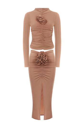 Camel Leopard Knit Top and Skirt Set - view 1