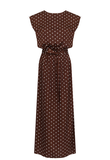 Chocolate Polka-Dot Belted Midi Dress - view 1