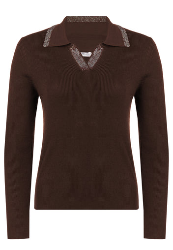 Brown Contrast-Collar Knit Polo - view 1