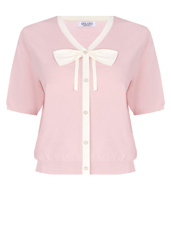 Pink Bow Short-Sleeve Knit Cardigan - view 1
