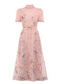 Blush Bird-Print Belted Midi Dress