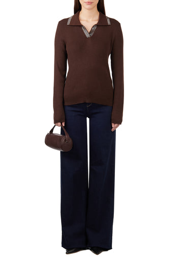 Brown Contrast-Collar Knit Polo - view 2