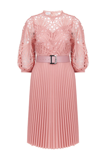Pink Lace Bodice Pleated Midi Dress - view 1