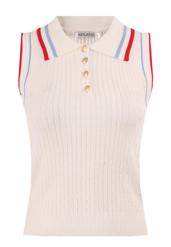Ivory Sleeveless Striped-Collar Knit Top - view 1