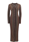 Brown Stripe Button-Front Knit Midi Dress