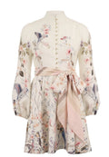 Ivory Bird-Print Belted Mini Dress