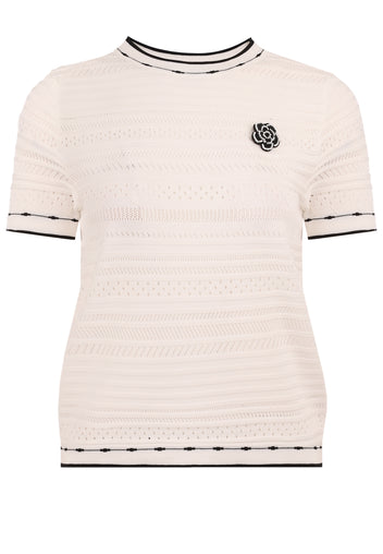 Ivory Pointelle Contrast-Trim Knit Top - view 1