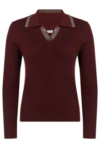Burgundy Contrast-Collar Knit Polo - view 1