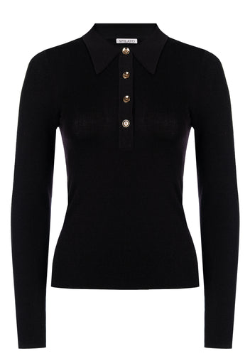 Black Ribbed Button Polo Pullover - view 1