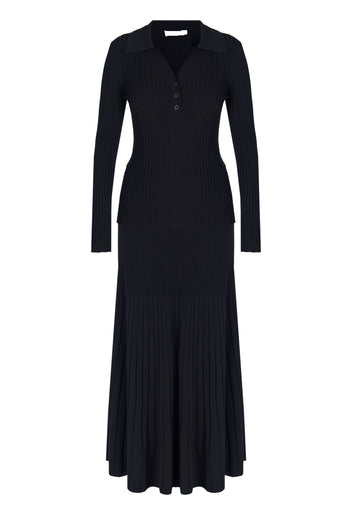 Black V-Neck Knit Pleated Skirt Set - view 1
