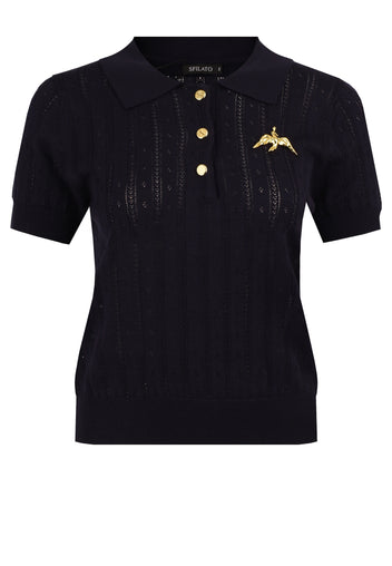 Navy Embroidered Short-Sleeve Knit Polo - view 1