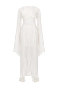White Pleated Long-Sleeve Wrap Midi Dress - view 1