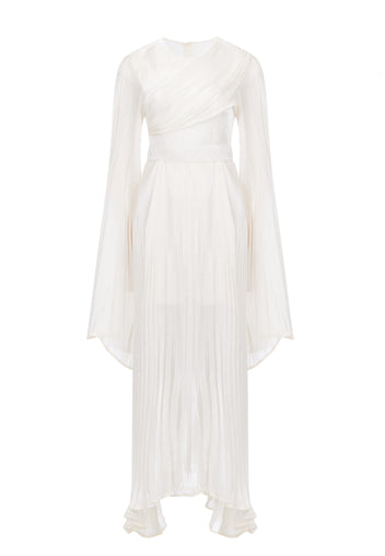 White Pleated Long-Sleeve Wrap Midi Dress - view 1