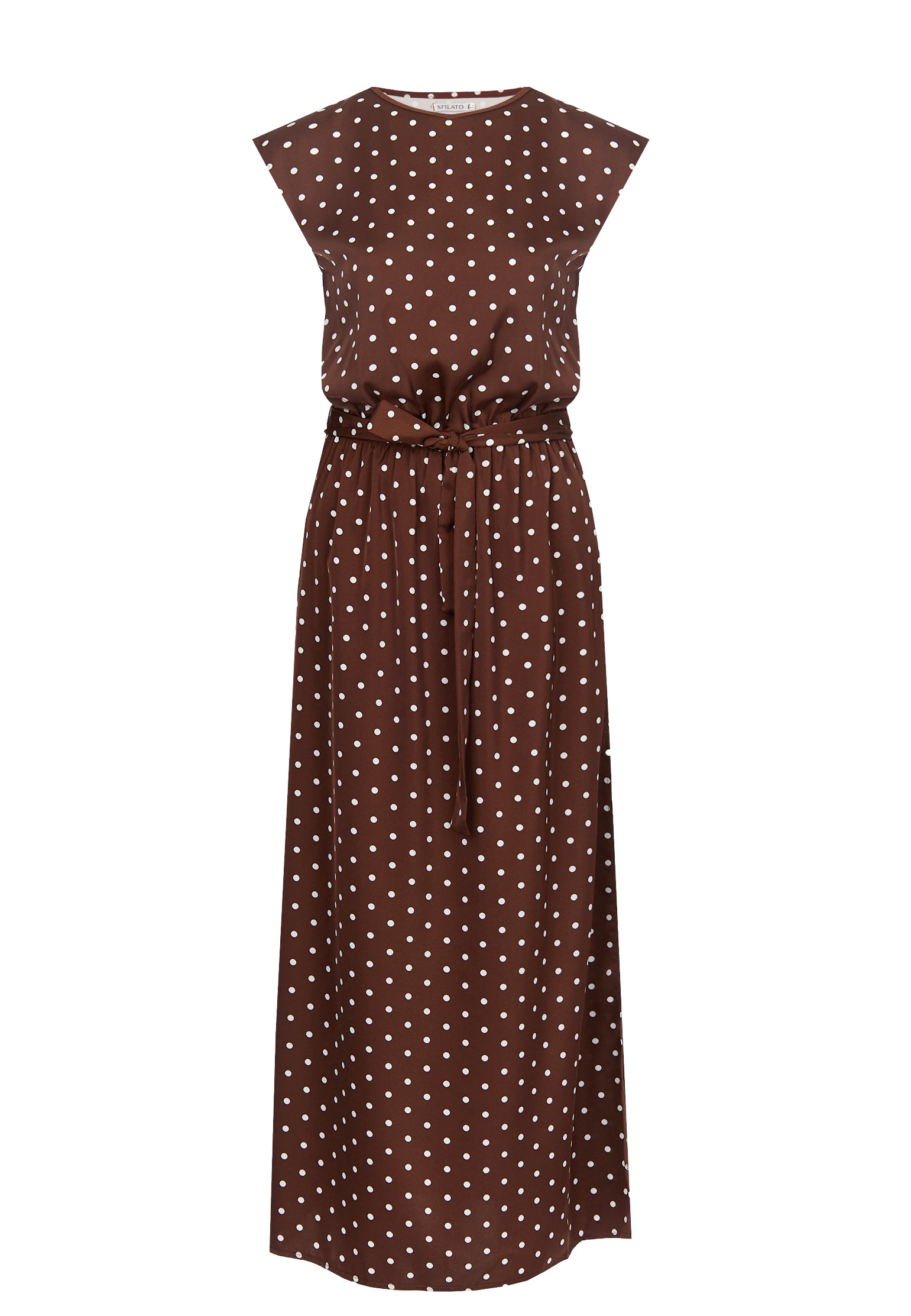 Brown Polka-Dot Belted Midi Dress – Sfilato
