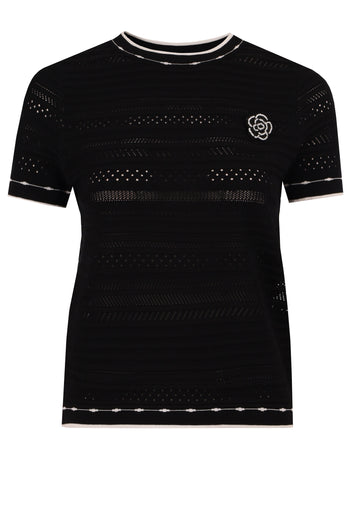 Black Pointelle Contrast-Trim Knit Top - view 1