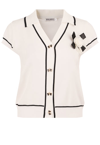 Ivory Floral-Trim Short-Sleeve Knit Cardigan - view 1