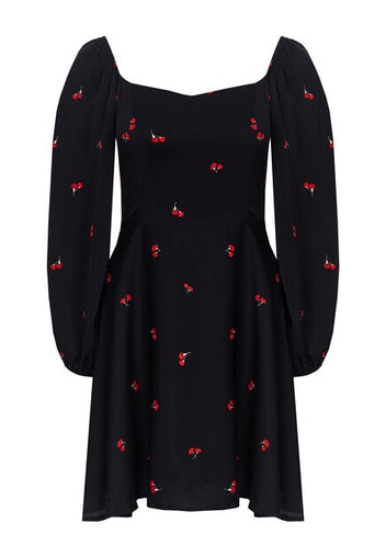 Black Embroidered Puff-Sleeve Mini Dress - view 1