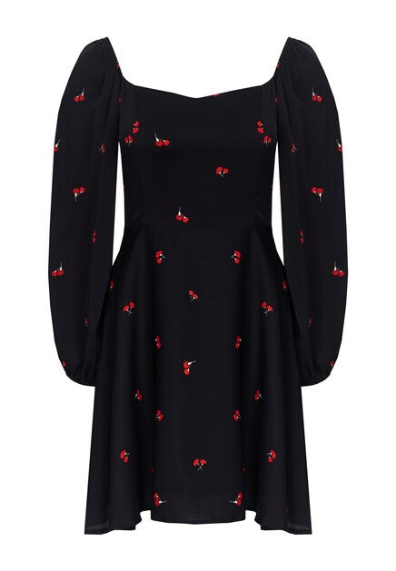 Black Embroidered Puff-Sleeve Mini Dress - view 1