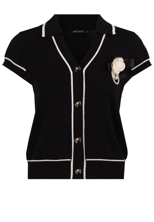 Black Contrast-Trim Short-Sleeve Knit Cardigan - view 1