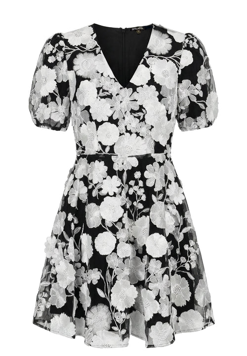 Black Floral Puff-Sleeve Mini Dress - view 1
