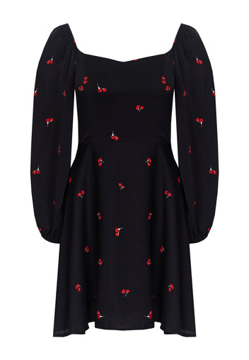Black Cherry-Print Puff-Sleeve Mini Dress - view 1