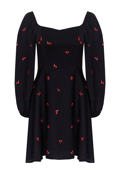 Black Cherry-Print Puff-Sleeve Mini Dress - view 1