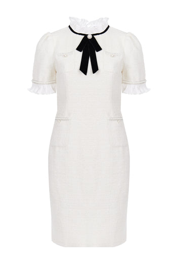 White Bow-Neck Puff-Sleeve Mini Dress - view 1