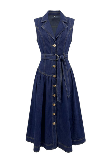 Navy Sleeveless Belted Midi Dress - view 1