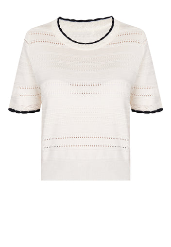 Ivory Contrast-Trim Open-Knit Tee - view 1