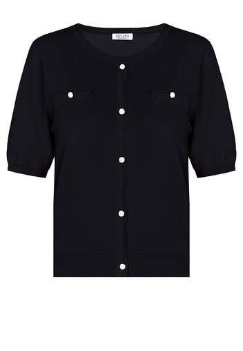 Black Short-Sleeve Pearl-Button Knit Cardigan - view 1