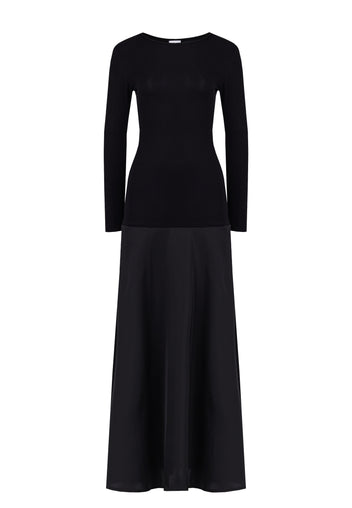 Black Long-Sleeve Mixed-Media Midi Dress - view 1