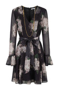 Black Floral Chiffon Belted Mini Dress