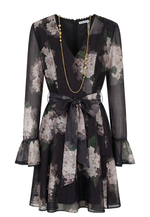Black Floral Chiffon Belted Mini Dress