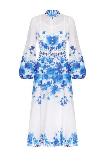 White Blue Floral Embroidered Midi Dress - view 1