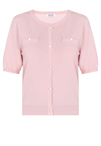 Pink Short-Sleeve Pearl-Button Knit Cardigan - view 1
