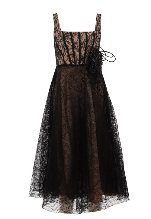 Black Bronze Tulle Bow Midi Dress