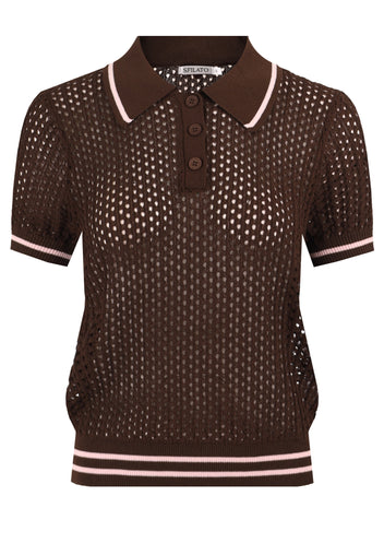 Brown Open-Knit Polo Pullover - view 1