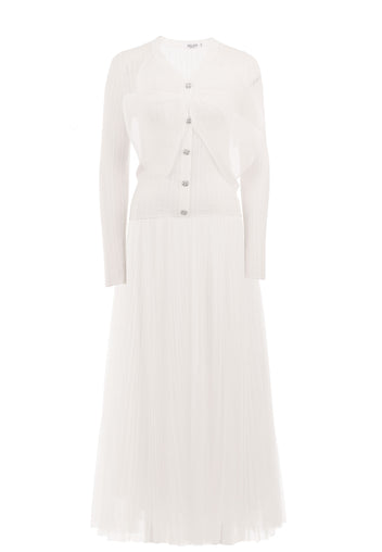 Ivory Button Cardigan Pleated Skirt Set - view 1