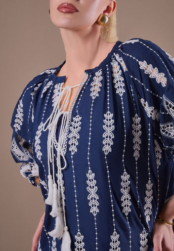 Navy Embroidered Caftan Mini Dress - view 13