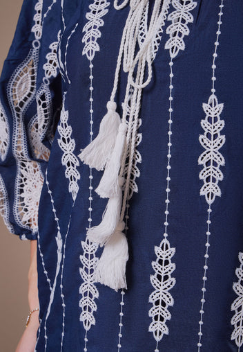 Navy Embroidered Caftan Mini Dress - view 15