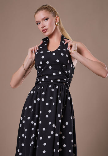 Black Polka-Dot Halter Midi Dress - view 4