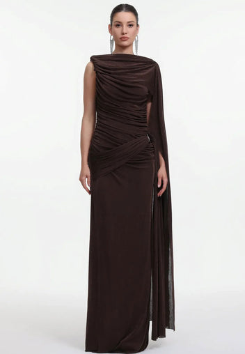 Chocolate One-Shoulder Ruched Maxi Dress - view 2